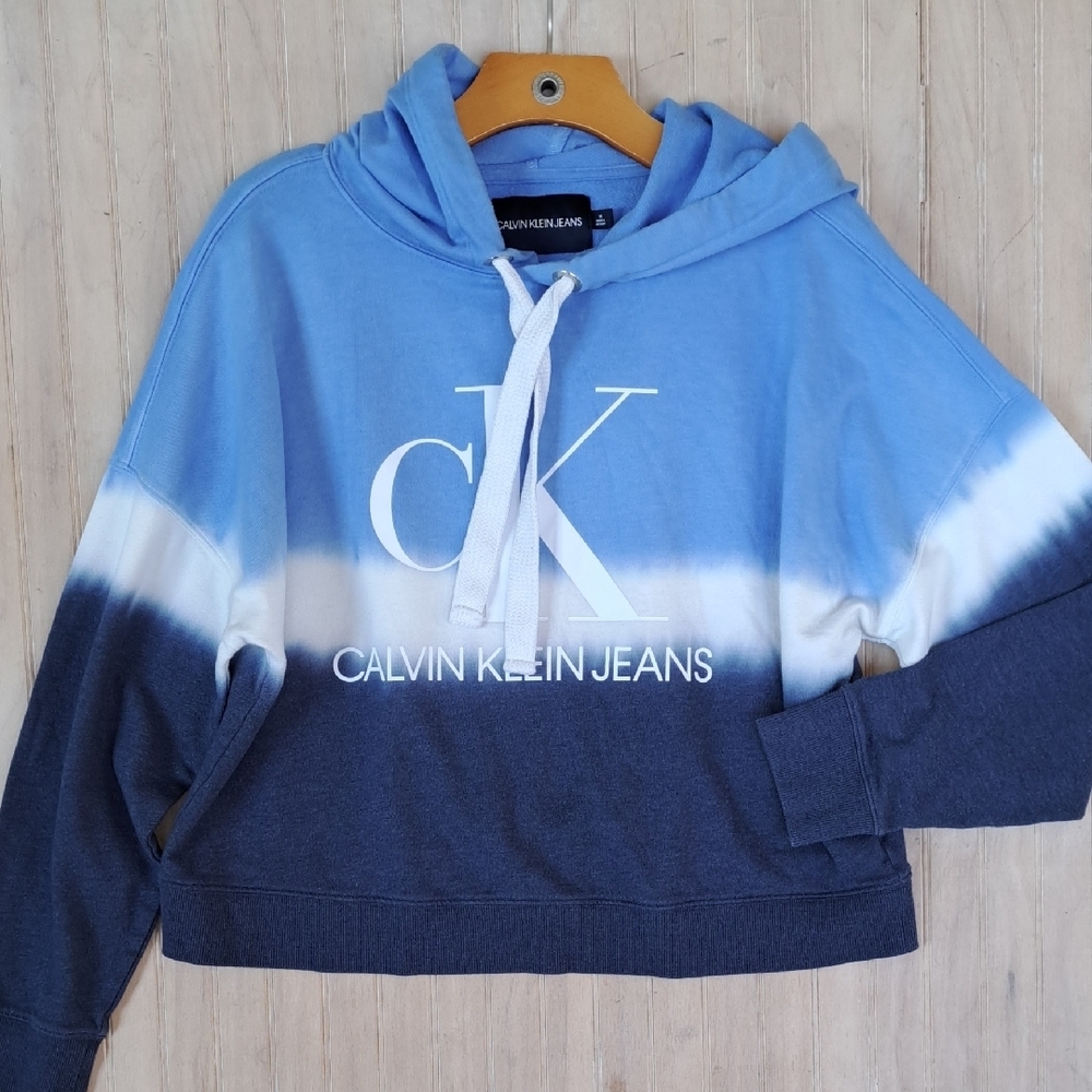Calvin Klein Jeans Cropped Tie Dye Ombre Logo Graphic Hoodie Blue Cotton Blend